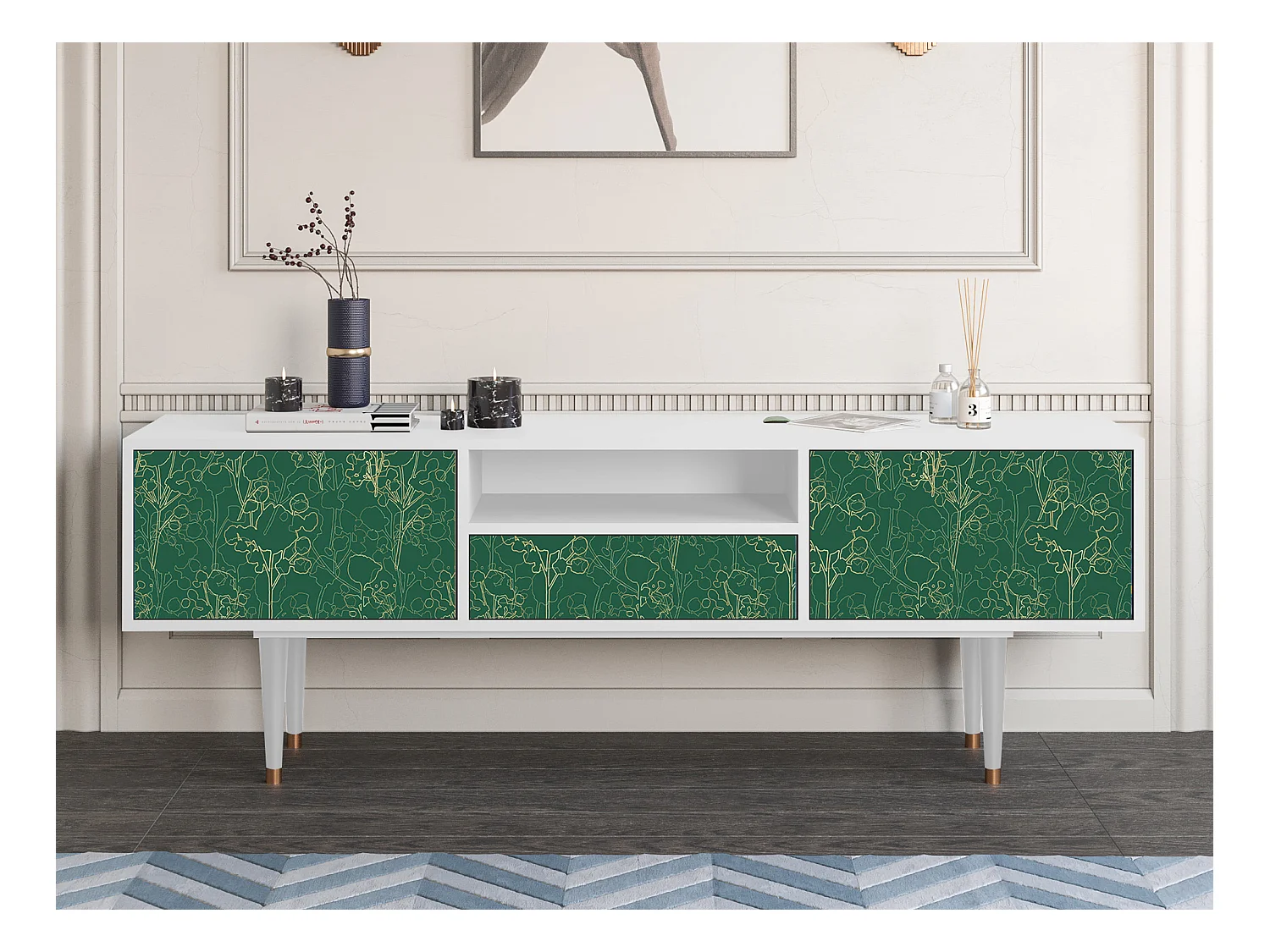 Meuble TV - 170х59х41 cm - T6 - Emerald Forest, Blanc