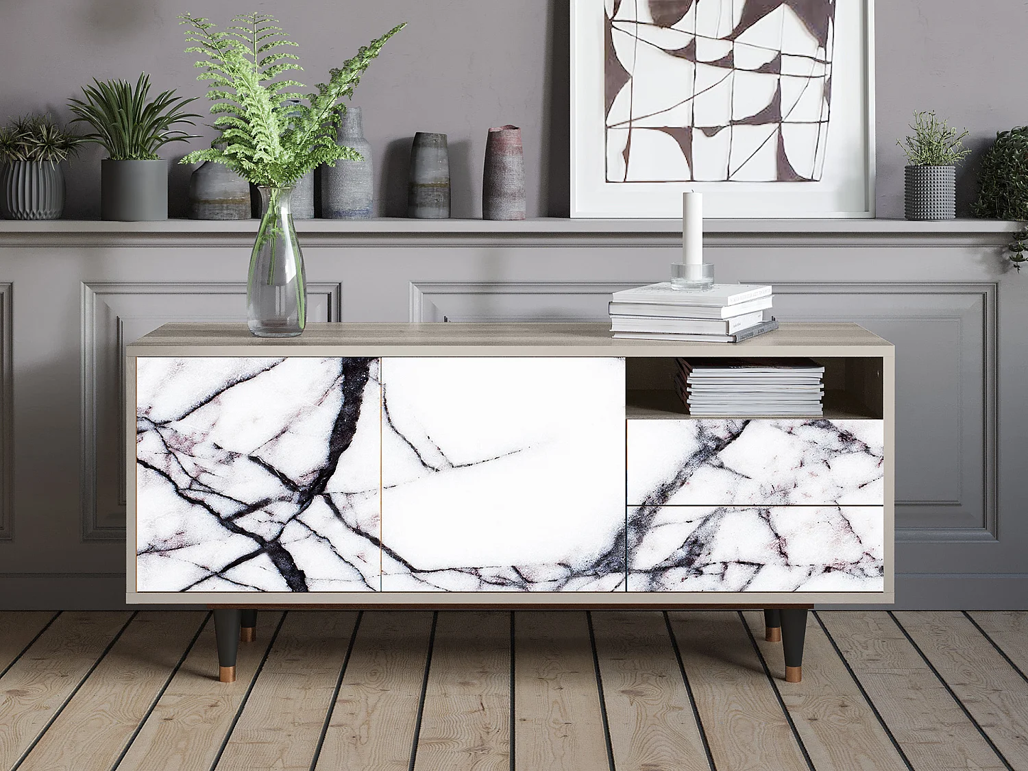 Szafka RTV - 125х56х41 cm - T7 - Raven Marble, Piaskowy