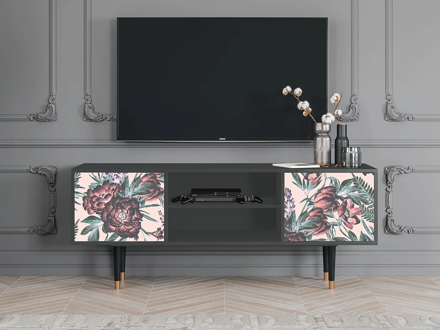 Szafka RTV - 170х69х48 cm - T2 - Peach Peonies, Antracyt