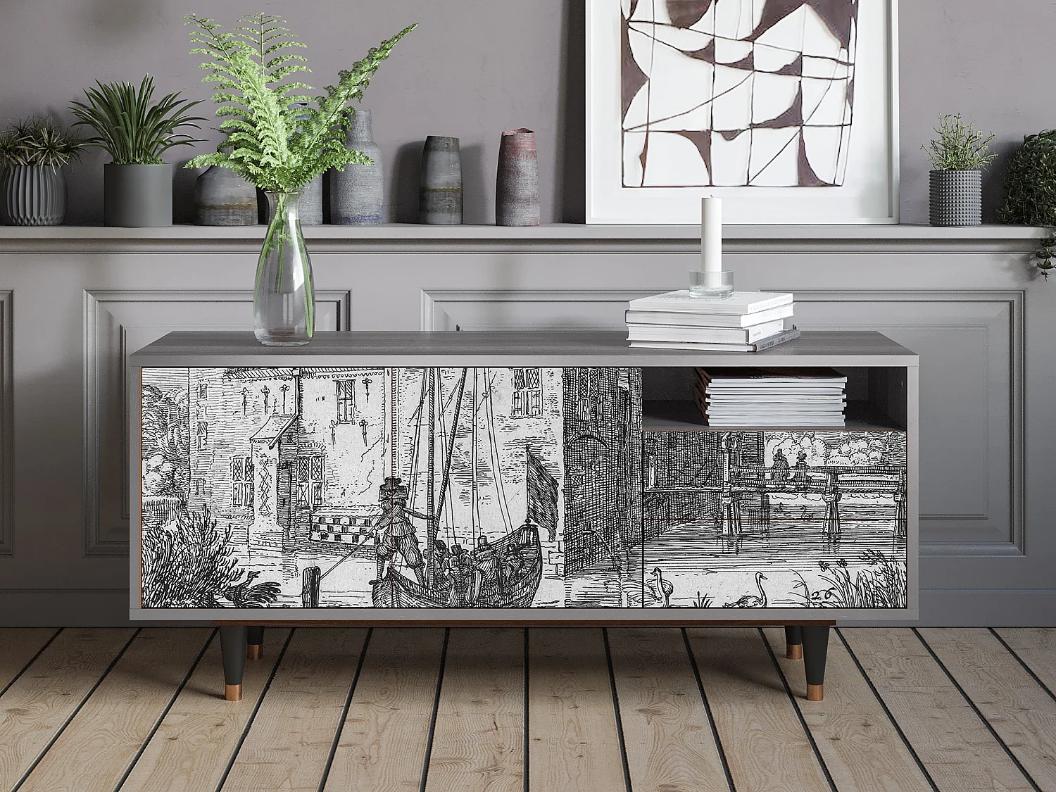 Meuble TV - 125х56х41 cm - T7 - Castle with Bridge, Gris