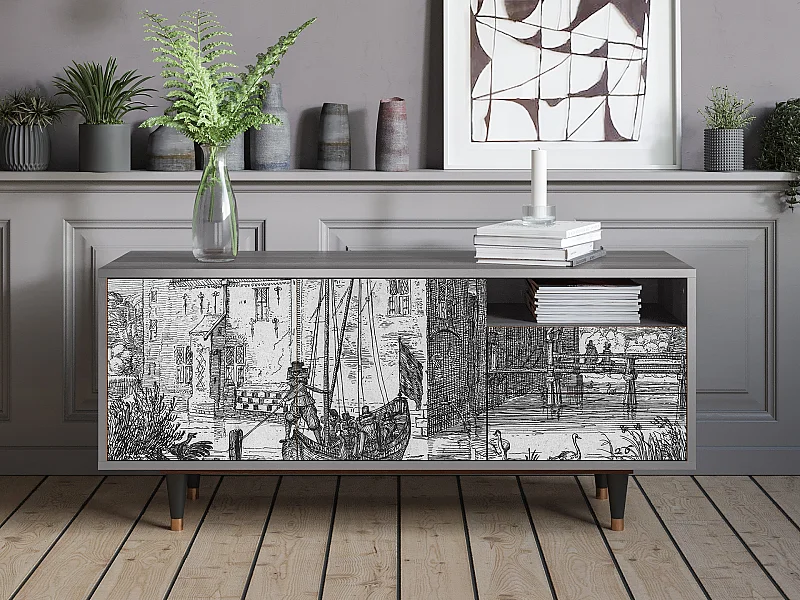 Szafka RTV - 125х56х41 cm - T7 - Castle with Bridge, Szary