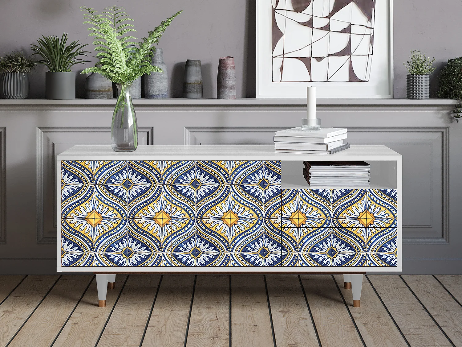 Mueble de TV - 125х56х41 cm - T7 - Illusory Pattern, Blanco