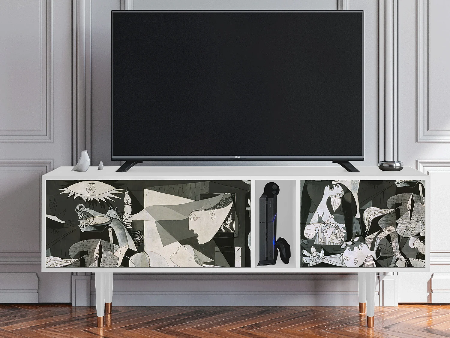 Szafka RTV - 170х69х48 cm - T1 - Guernica by Picasso, Biały