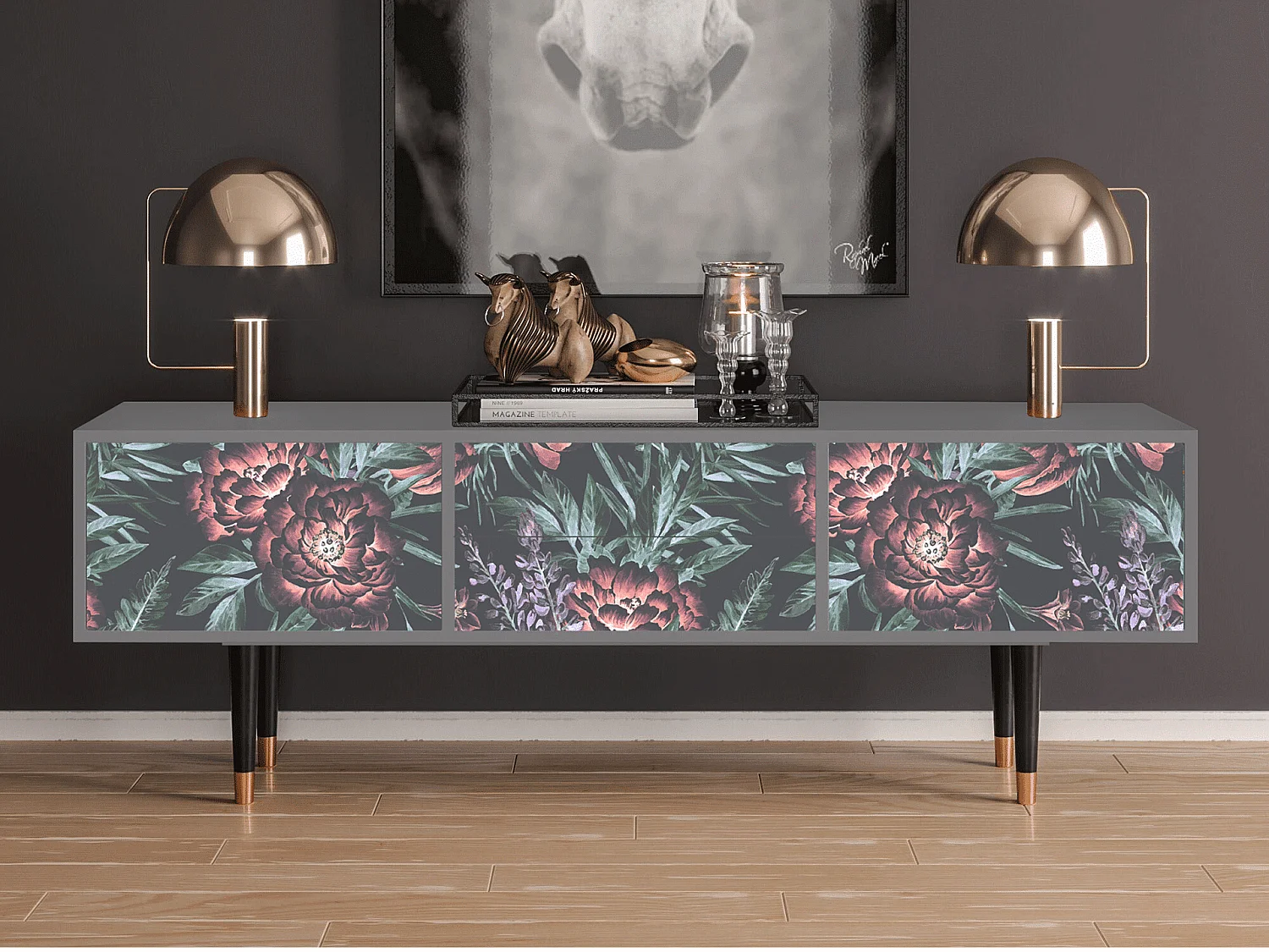 TV-Möbel - 170х59х48 cm - T4 - Dark Peonies, Grau