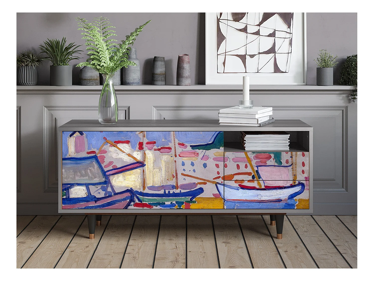 Meuble TV - 125х56х41 cm - T7 - The Port of Collioure , Gris