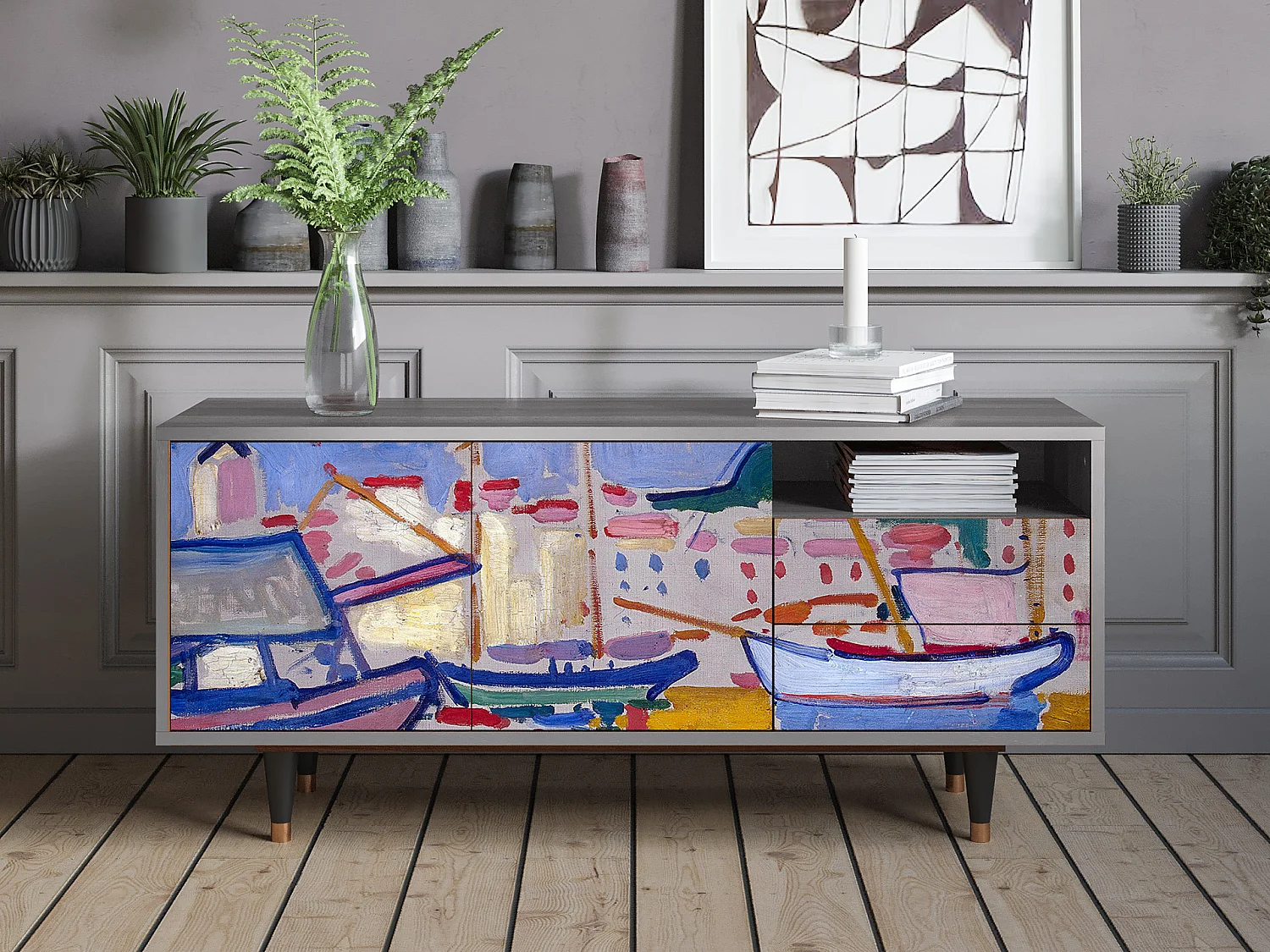 Meuble TV - 125х56х41 cm - T7 - The Port of Collioure , Gris