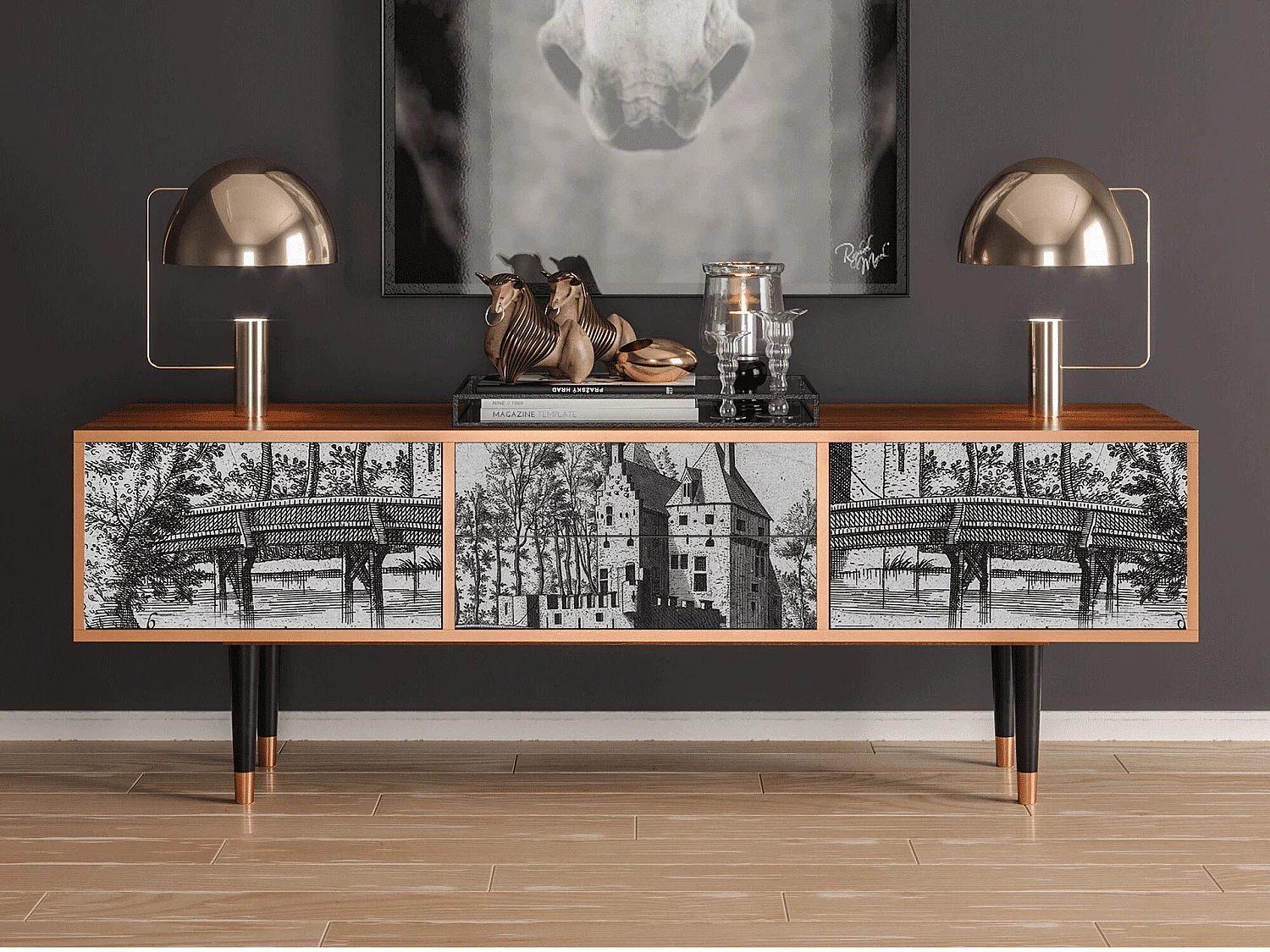 TV-Möbel - 170х59х48 cm - T4 - Castle with Bridge, Walnuss