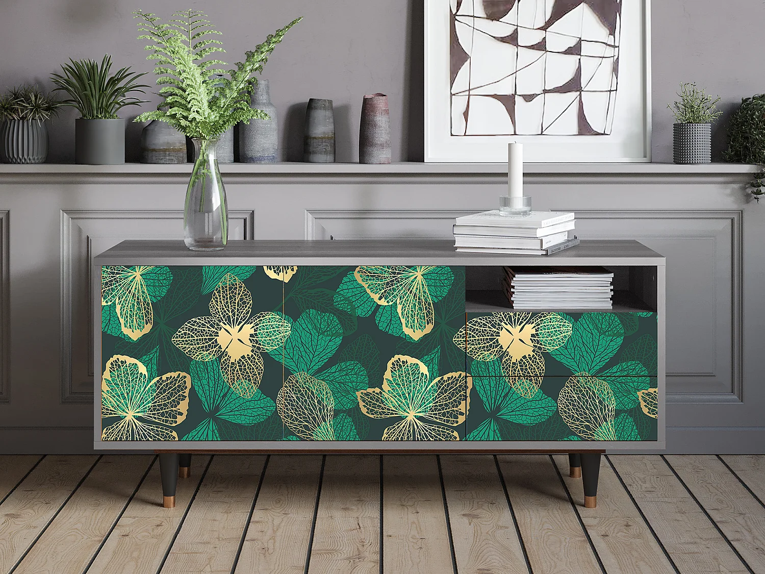Mobile TV - 125х56х41 cm - T7 - Green Flower, Grigio