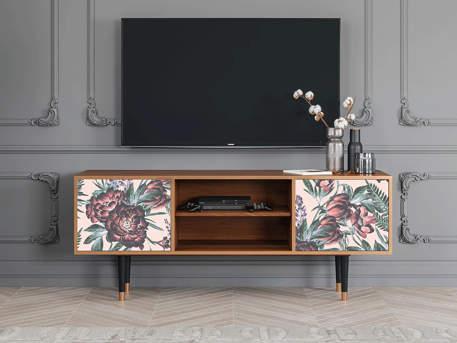 Szafka RTV - 170х69х48 cm - T2 - Peach Peonies, Orzech