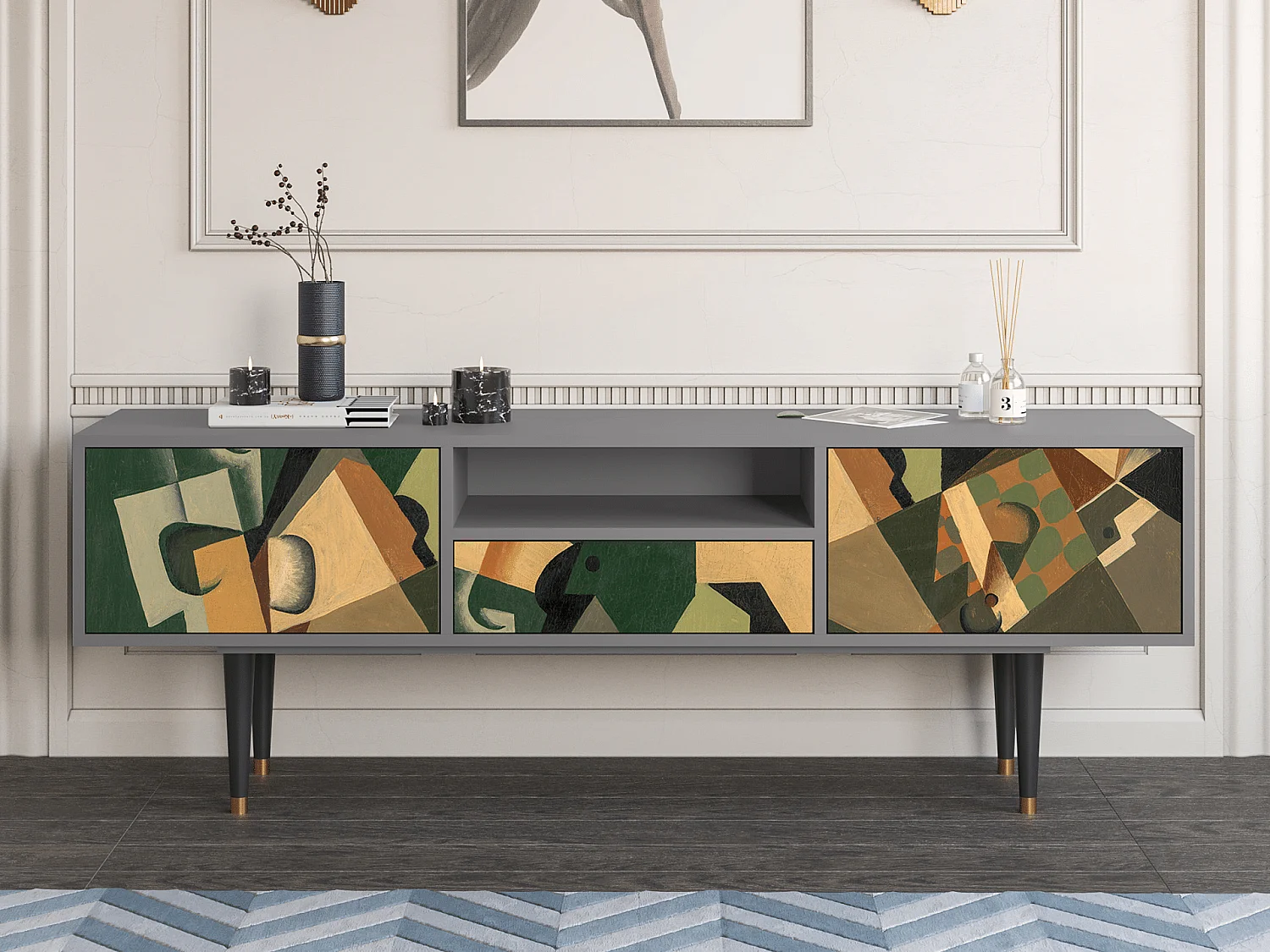 Szafka RTV - 170х59х41 cm - T6 - Glass and Checkerboard, Szary