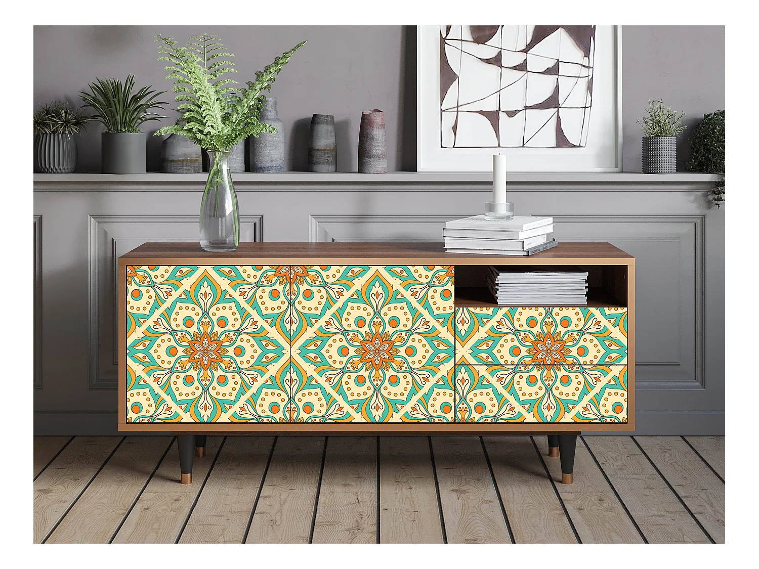 TV-Möbel - 125х56х41 cm - T7 - Hindu Daisy, Walnuss