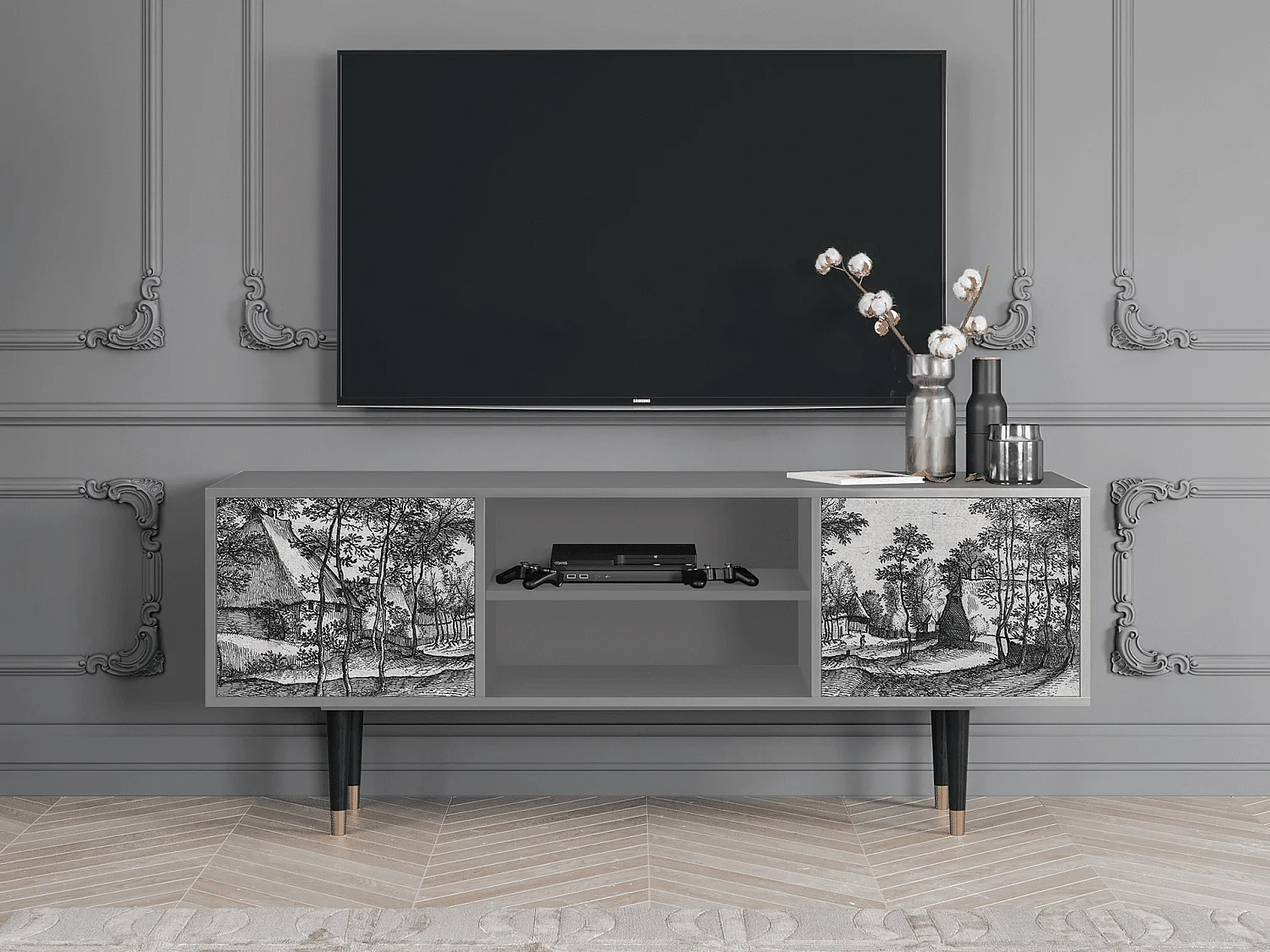 Szafka RTV - 170х69х48 cm - T2 - Village Road, Szary