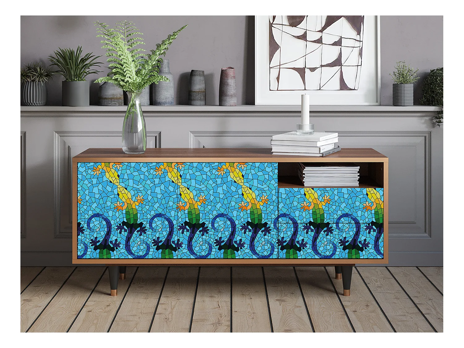 Meuble TV - 125х56х41 cm - T7 - Gaudi's Lizard, Noyer