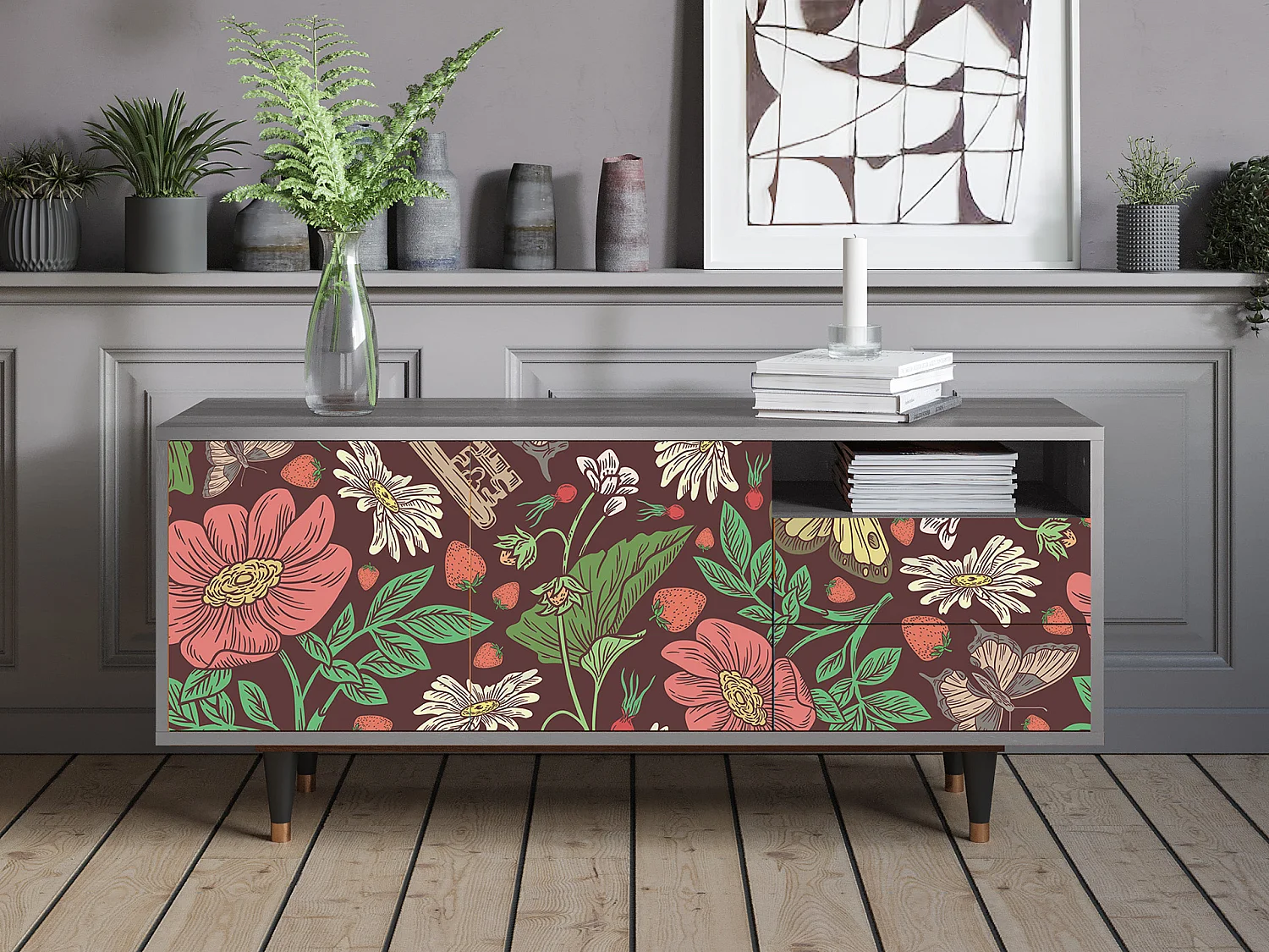 Mueble de TV - 125х56х41 cm - T7 - Alice in Wonderland, Cinza