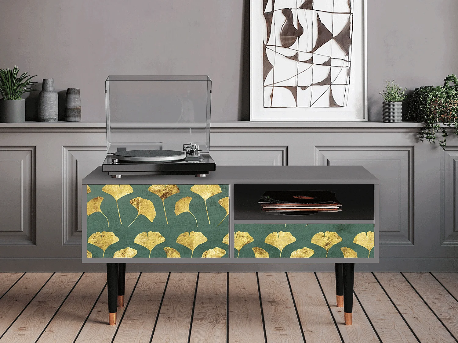 TV-meubel - 115х59х48 cm - T3 - Gingko leaves, Grijs