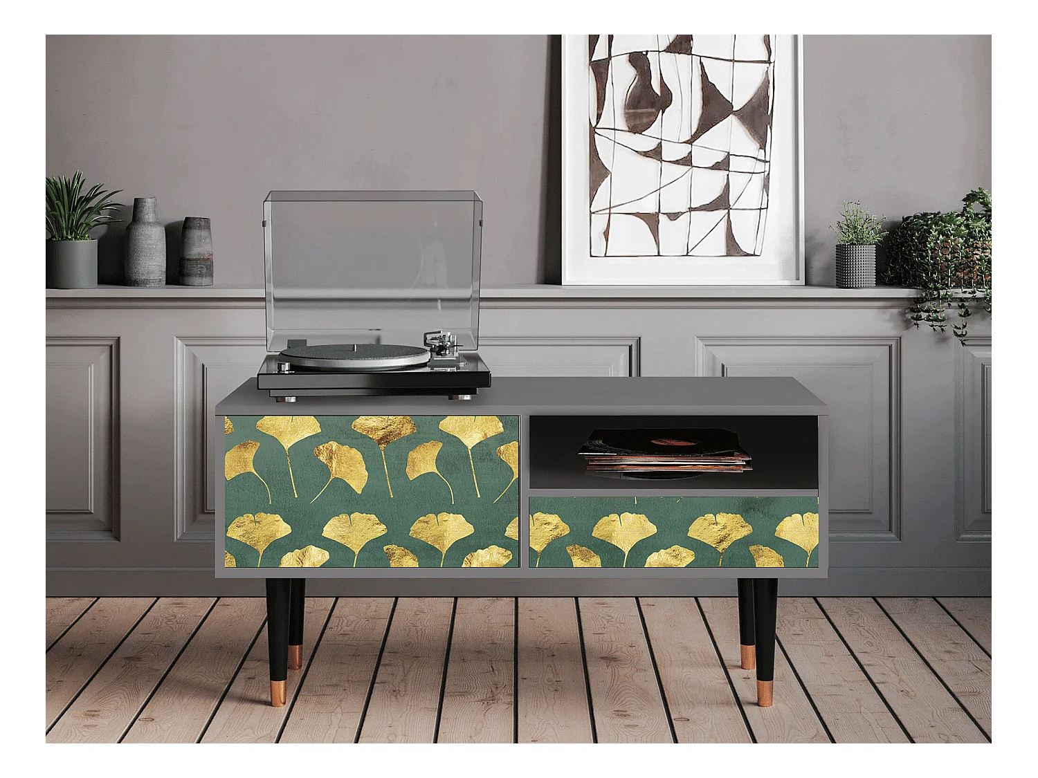 Meuble TV - 115х59х48 cm - T3 - Gingko leaves, Gris