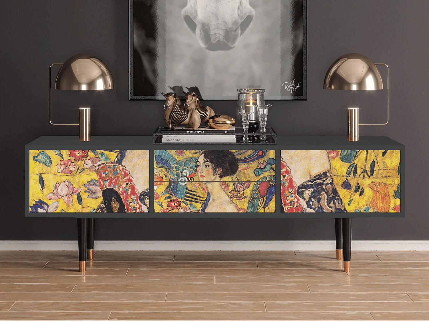 Szafka RTV - 170х59х48 cm - T4 - Lady with Fan by Klimt, Antracyt