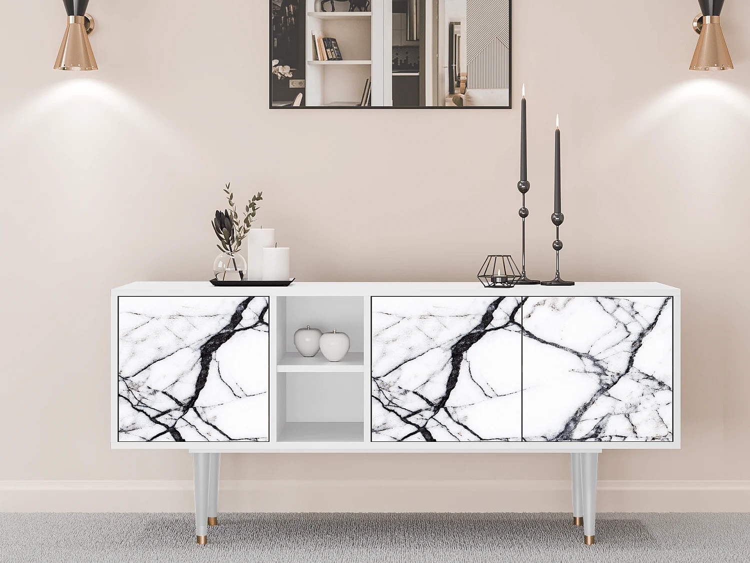 Szafka RTV - 150х69х41 cm - T5 - Raven Marble, Biały