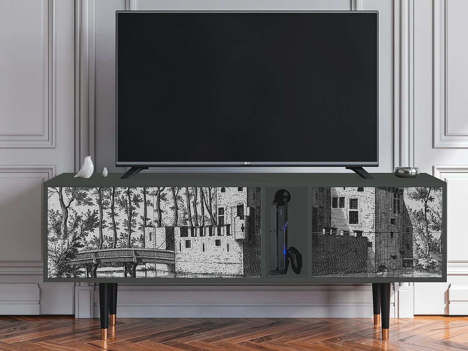 Szafka RTV - 170х69х48 cm - T1 - Castle with Bridge, Antracyt