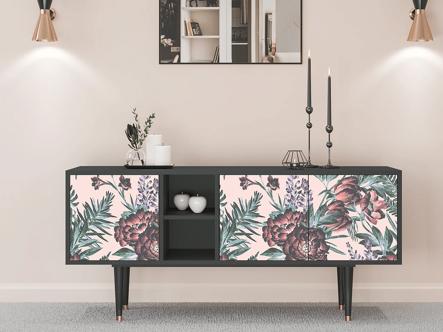 Meuble TV - 150х69х41 cm - T5 - Peach Peonies, Anthracite