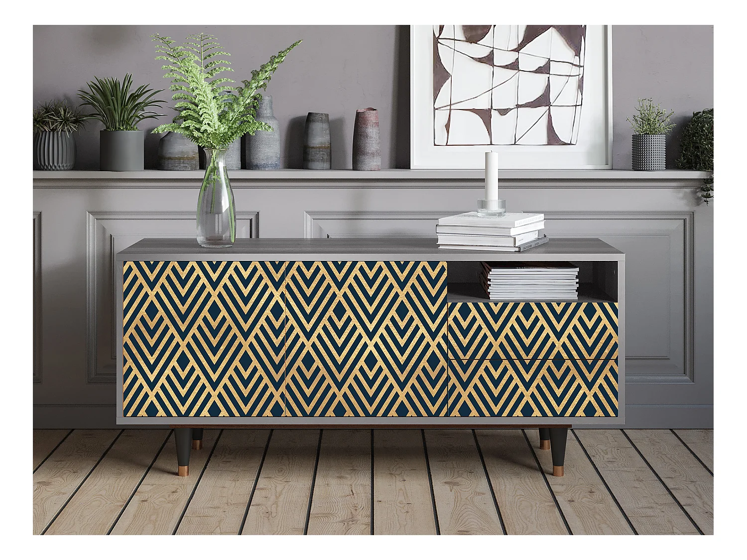 Meuble TV - 125х56х41 cm - T7 - Egypt Triangles, Gris
