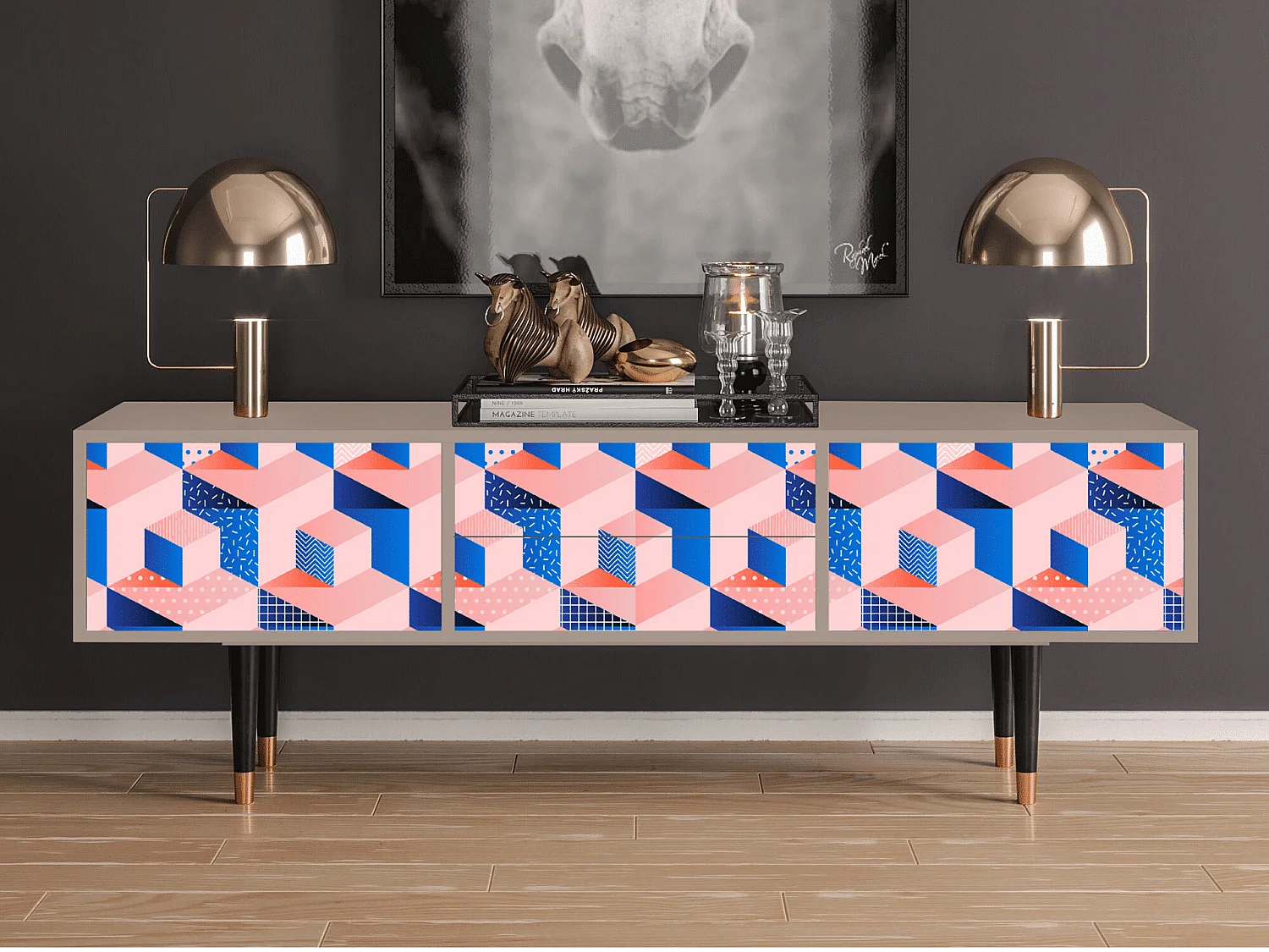 Szafka RTV - 170х59х48 cm - T4 - Pinky Squares, Latte