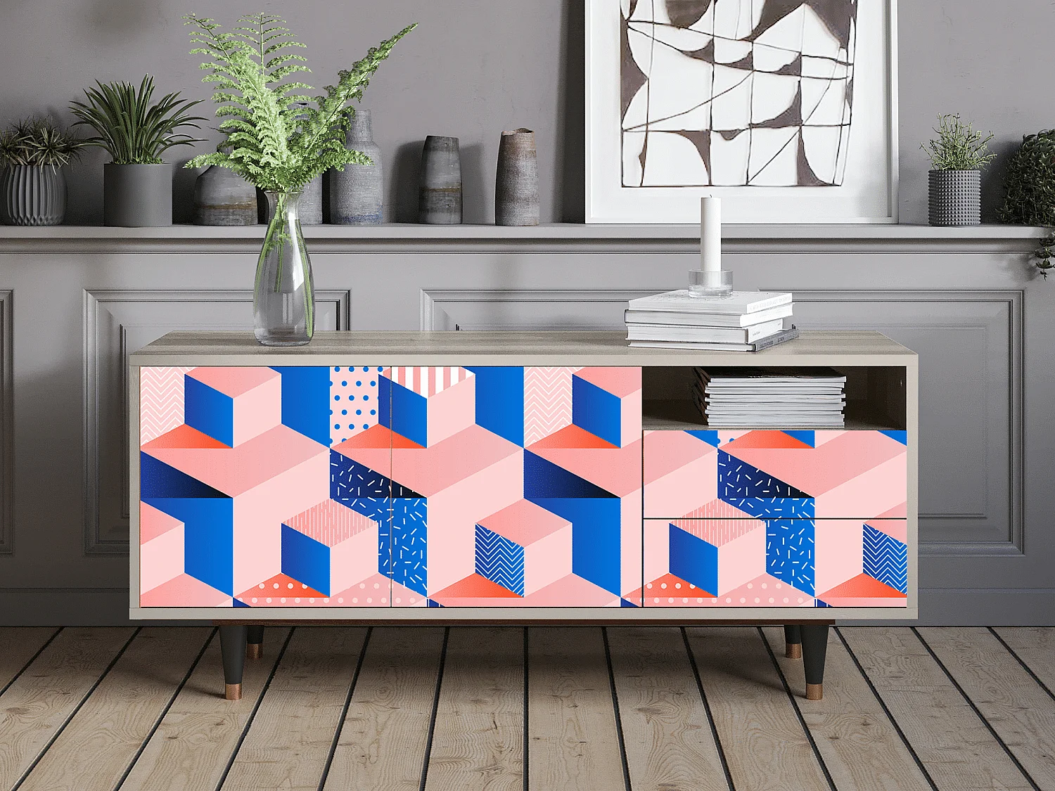 Mueble de TV - 125х56х41 cm - T7 - Pinky Squares, Areia