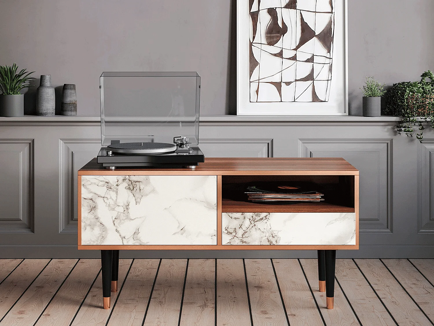 Mobile TV - 115х59х48 cm - T3 - Milk Marble, Noce