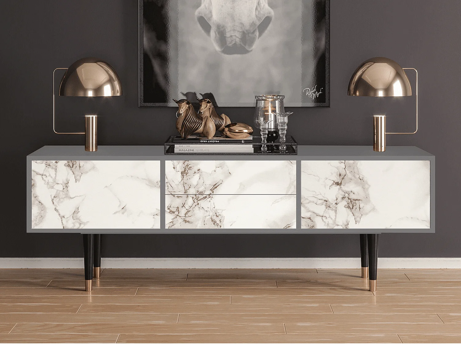 Szafka RTV - 170х59х48 cm - T4 - Milk Marble, Szary