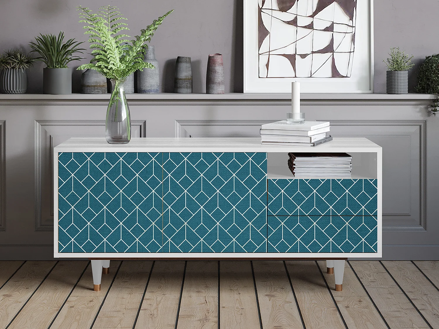 TV-meubel - 125х56х41 cm - T7 - Turquoise Geometry, Wit