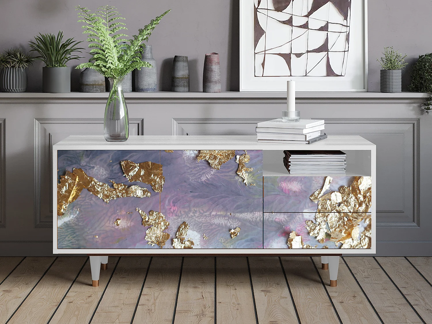 Meuble TV - 125х56х41 cm - T7 - Planet Earth, Blanc