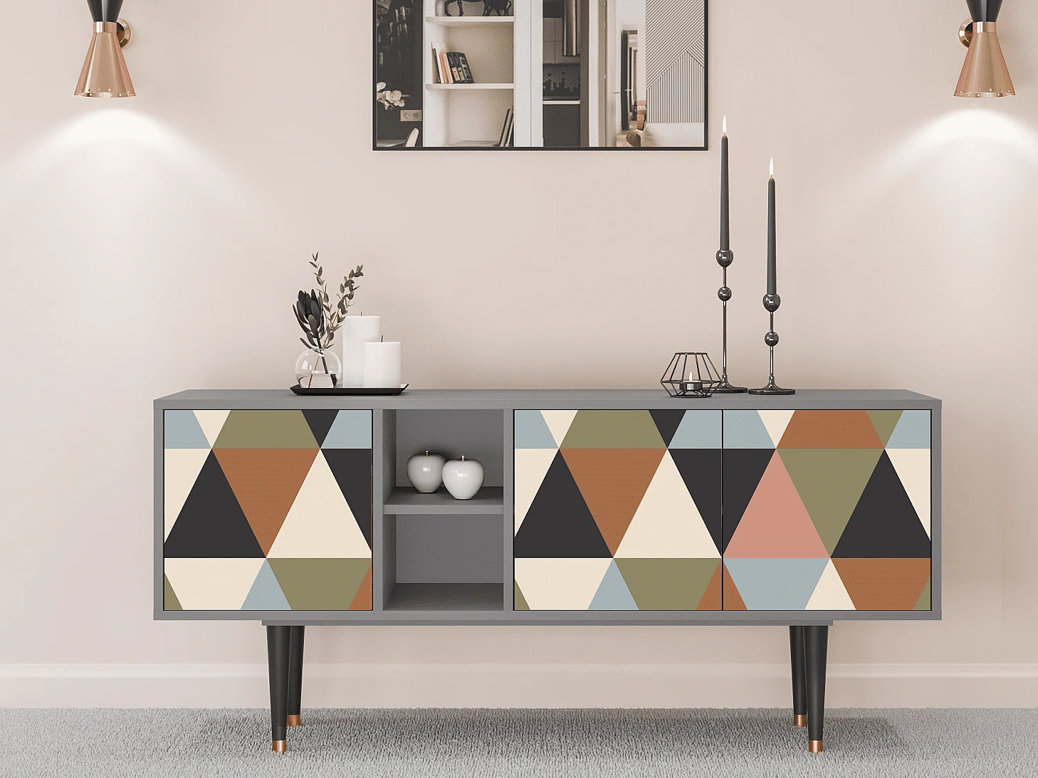 Meuble TV - 150х69х41 cm - T5 - Royal Triangles, Gris