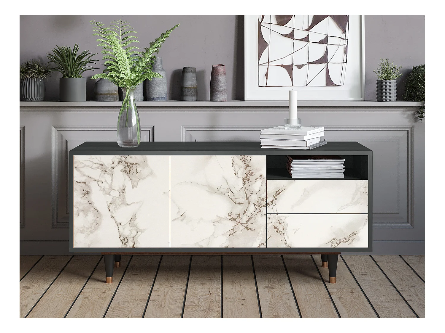 TV-Möbel - 125х56х41 cm - T7 - Milk Marble, Anthrazit