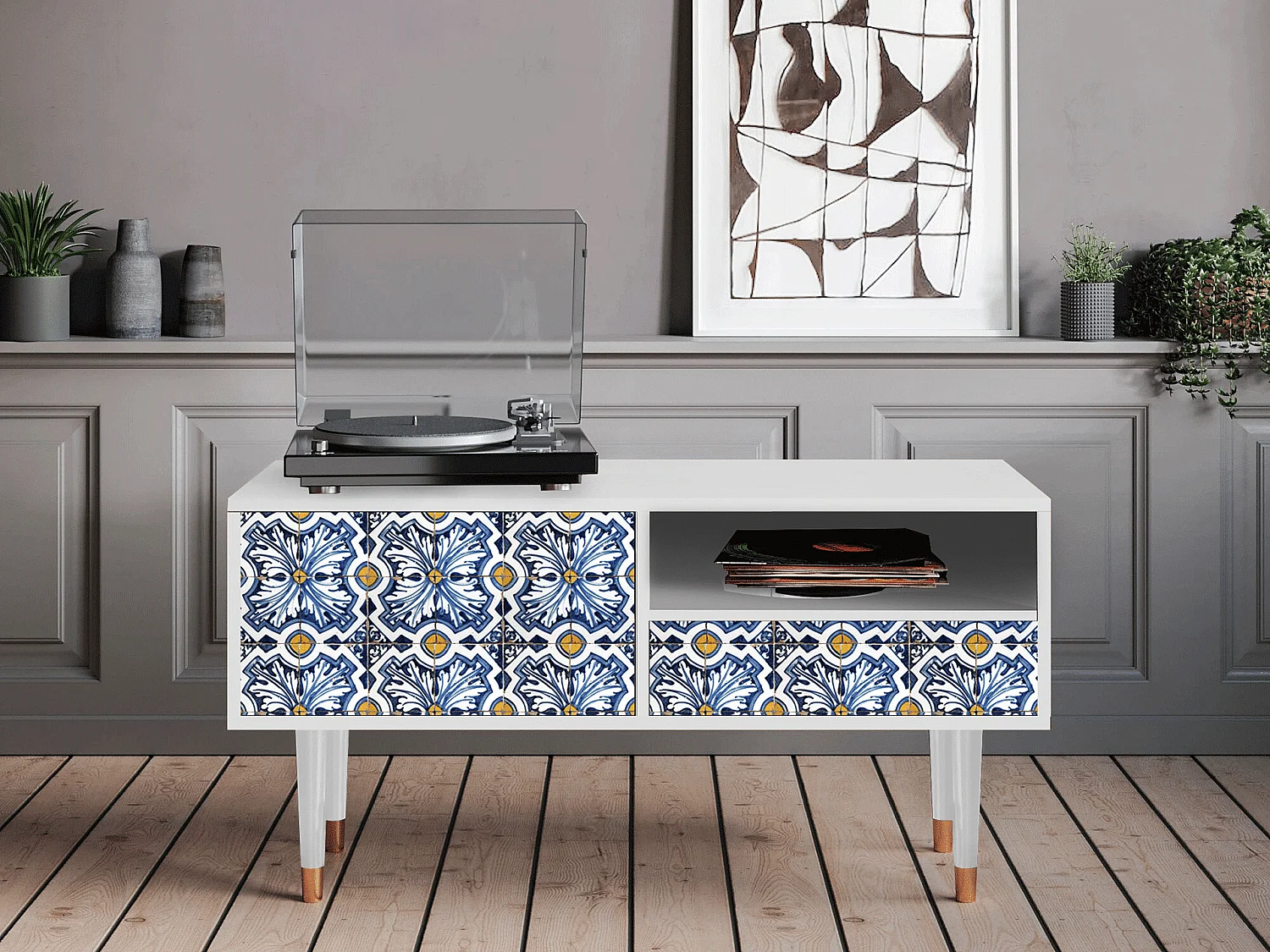TV-meubel - 115х59х48 cm - T3 - Lovely Cornflowers, Wit