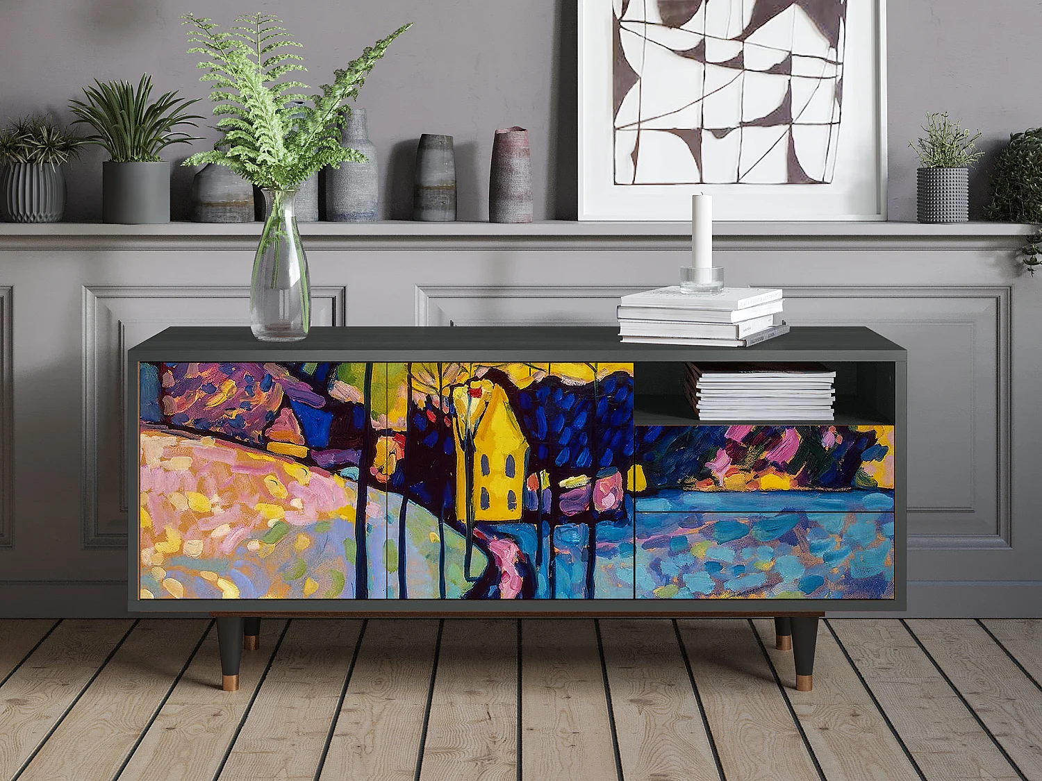 Mueble de TV - 125х56х41 cm - T7 - Winter Landscape, Antracite