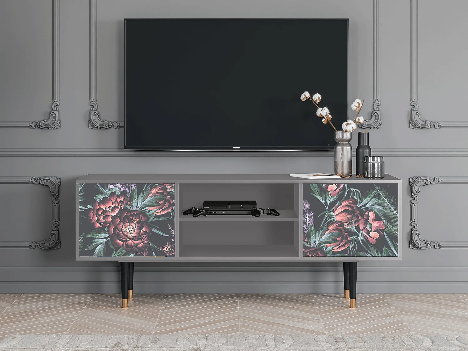 Meuble TV - 170х69х48 cm - T2 - Dark Peonies, Gris