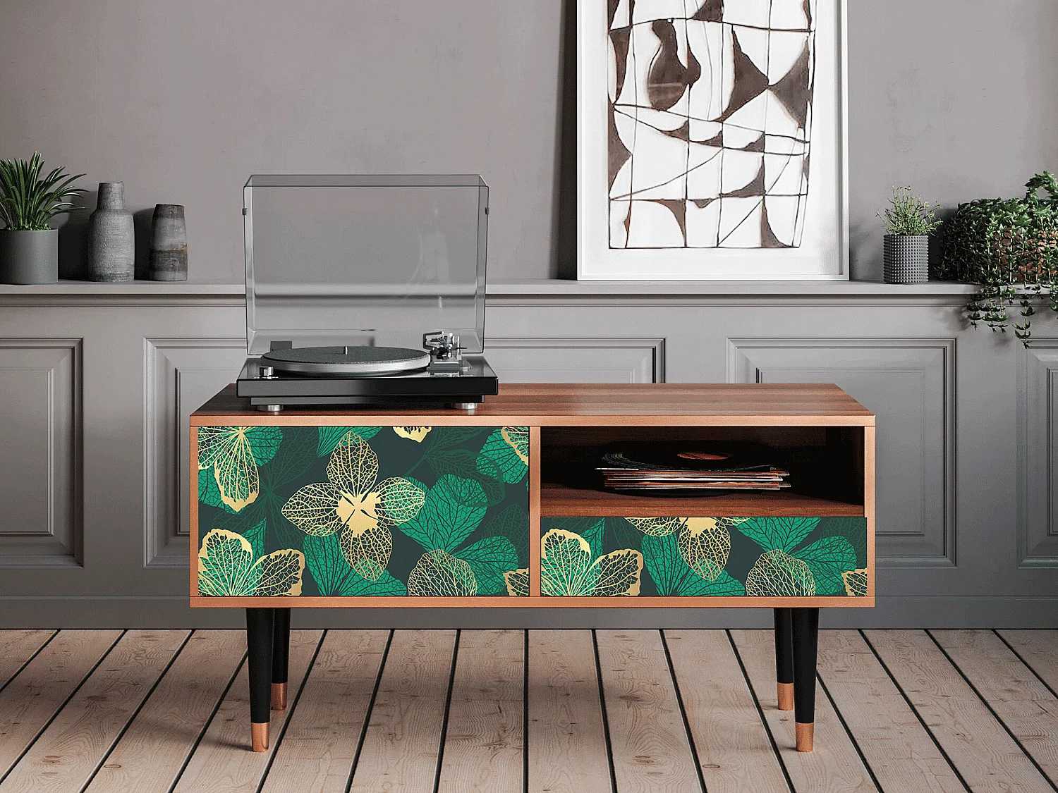 Meuble TV - 115х59х48 cm - T3 - Green Flower, Noyer