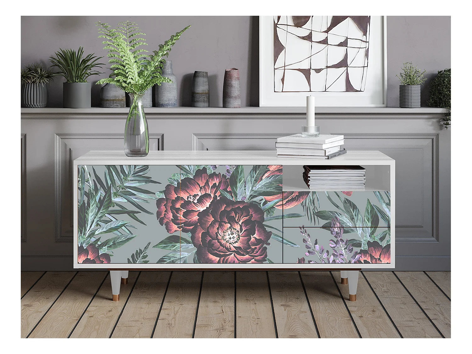 Mueble de TV - 125х56х41 cm - T7 - Light Peonies, Blanco