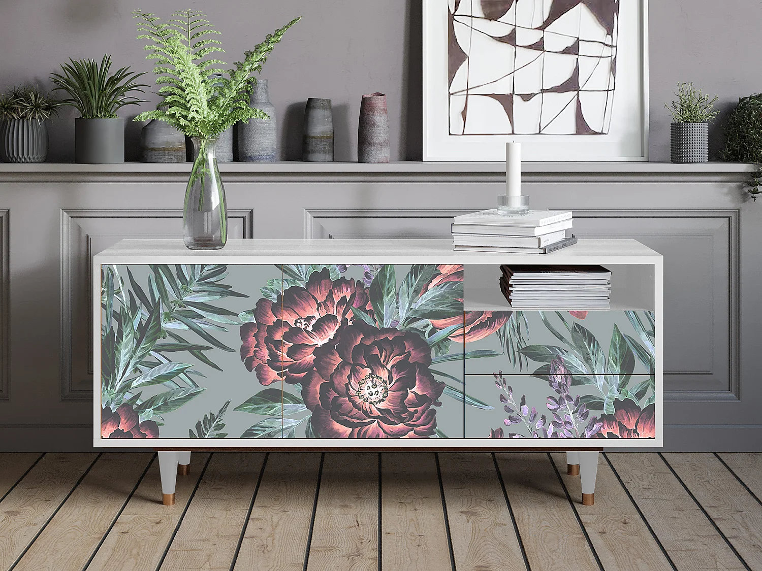 Mueble de TV - 125х56х41 cm - T7 - Light Peonies, Blanco