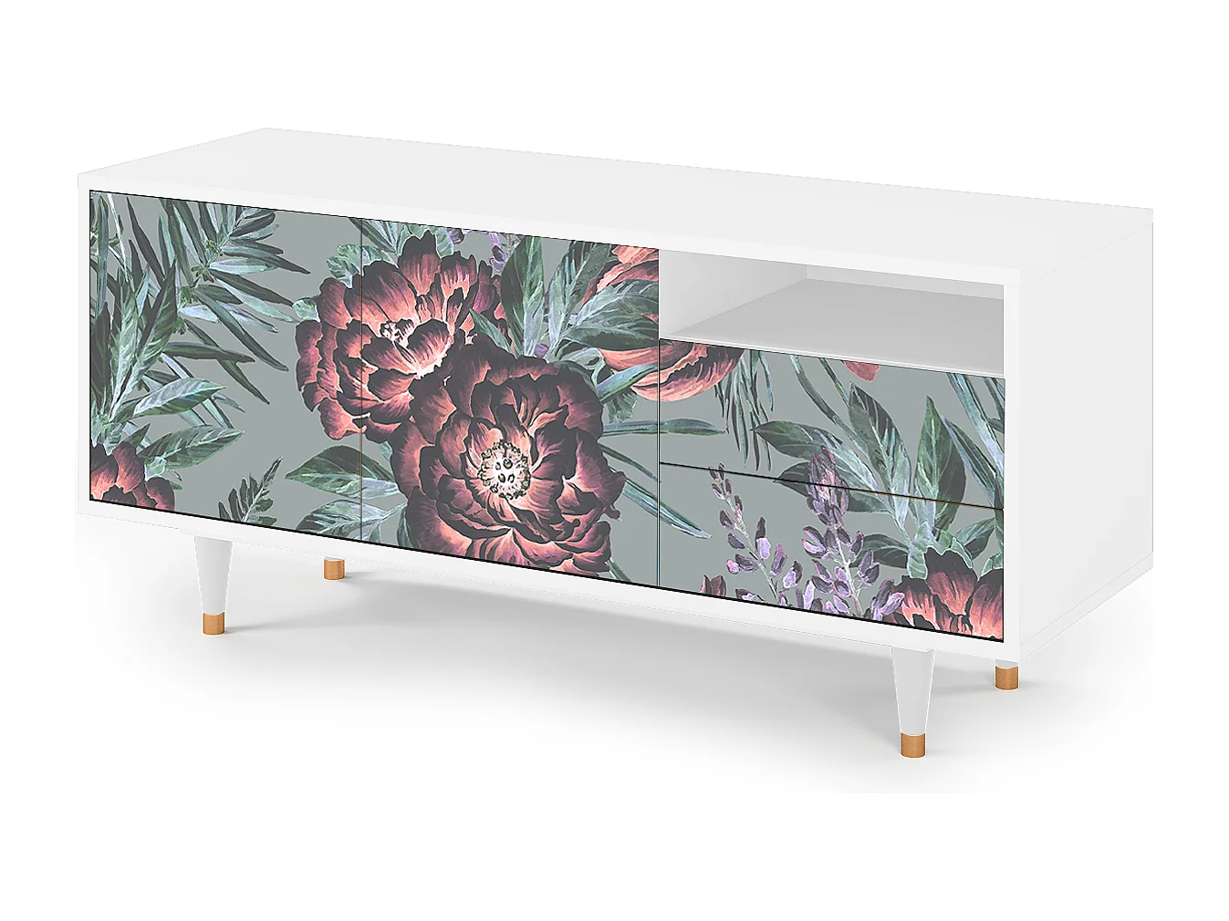 Mueble de TV - 125х56х41 cm - T7 - Light Peonies, Blanco