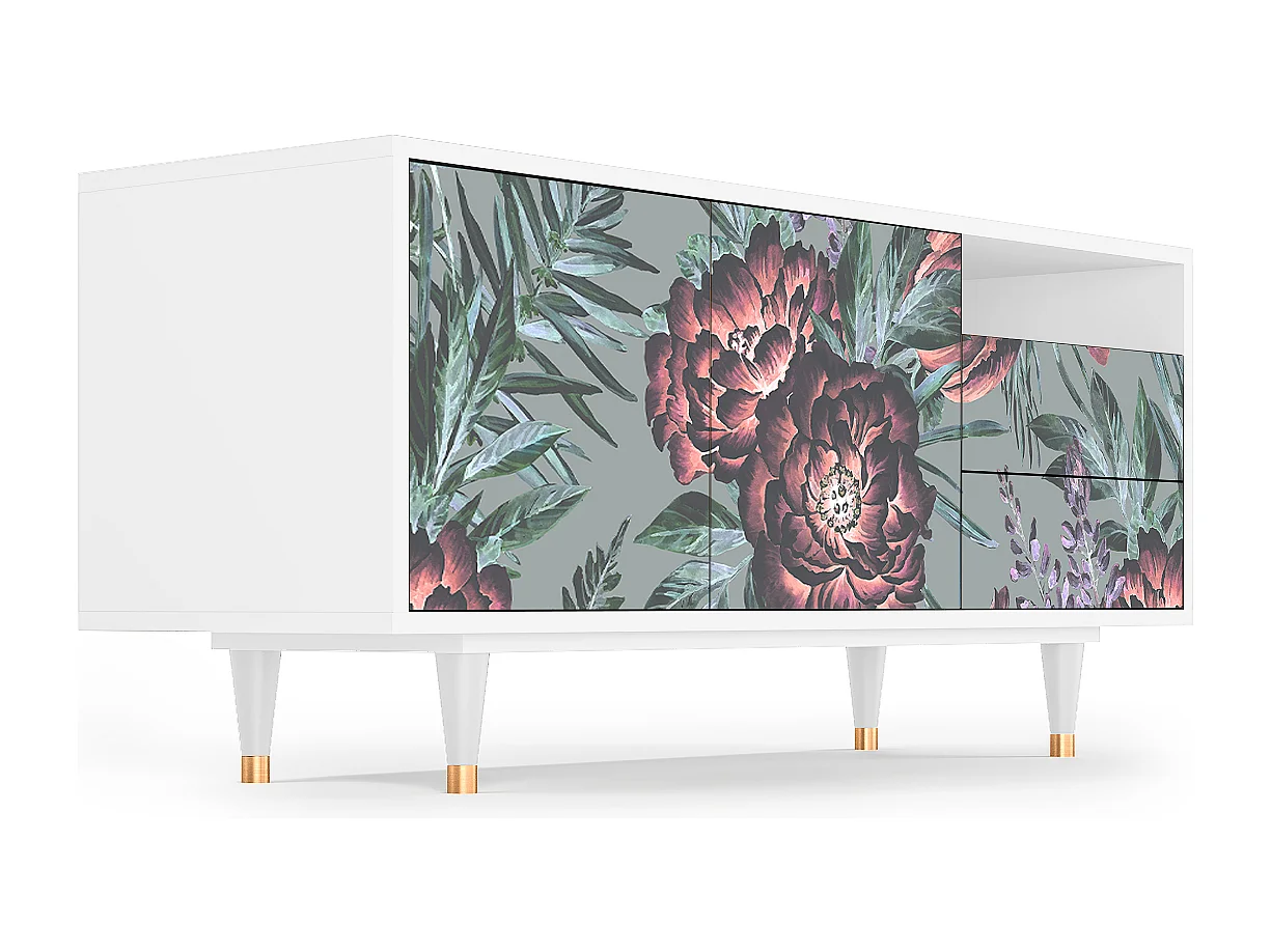 Mueble de TV - 125х56х41 cm - T7 - Light Peonies, Blanco