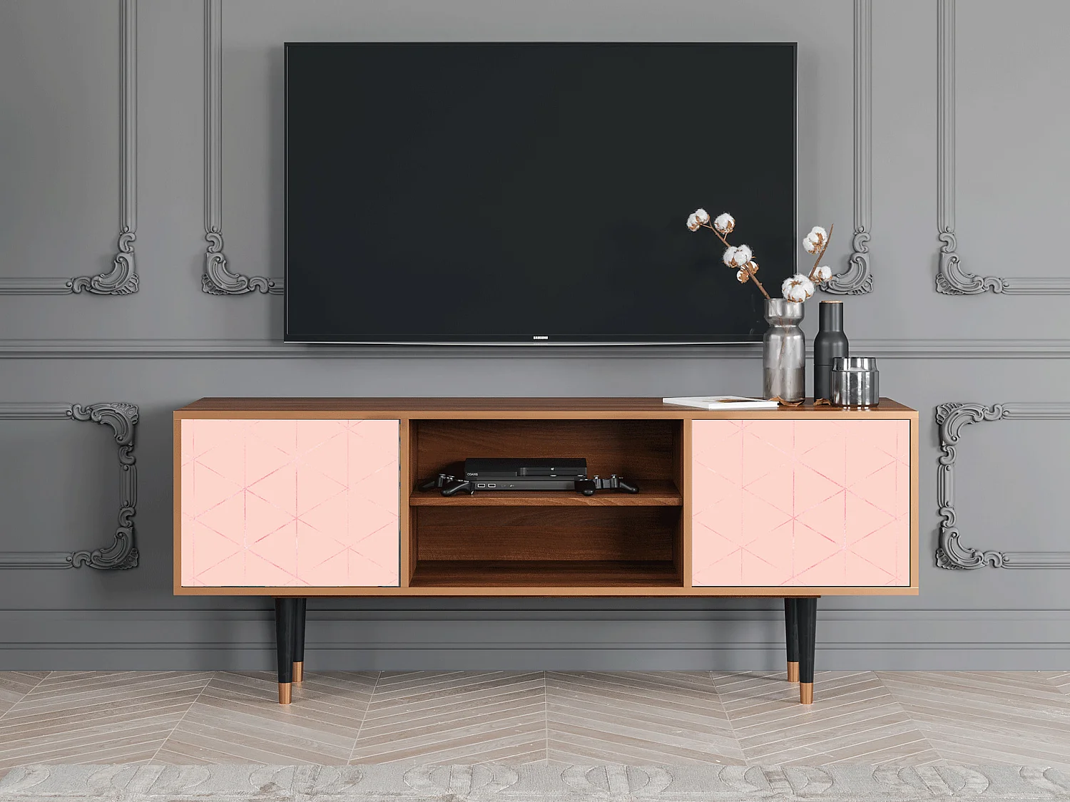 Szafka RTV - 170х69х48 cm - T2 - Rose Quartz, Orzech