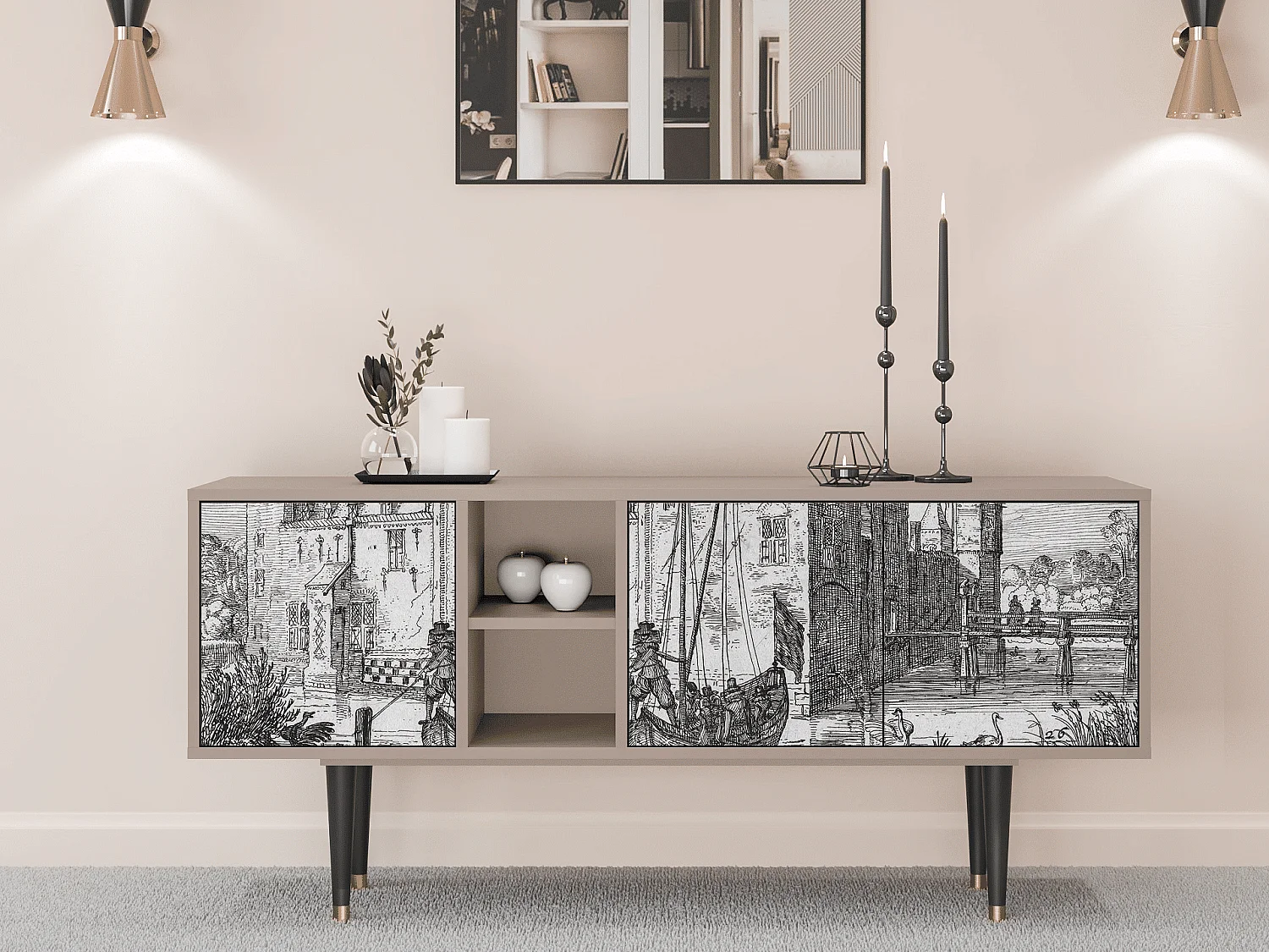 Meuble TV - 150х69х41 cm - T5 - Castle with Bridge, Latte