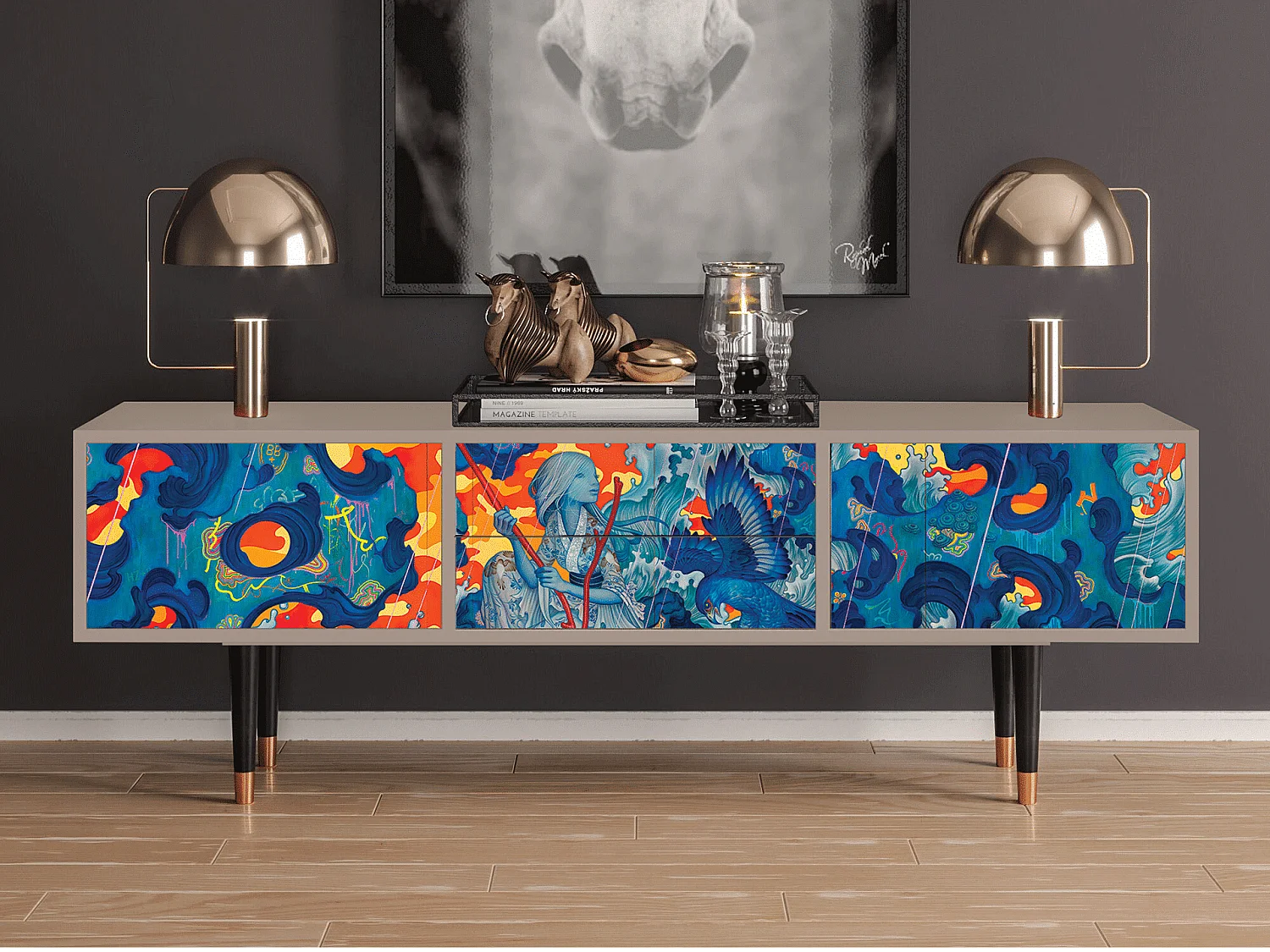 Szafka RTV - 170х59х48 cm - T4 - The Girl - James Jean, Latte