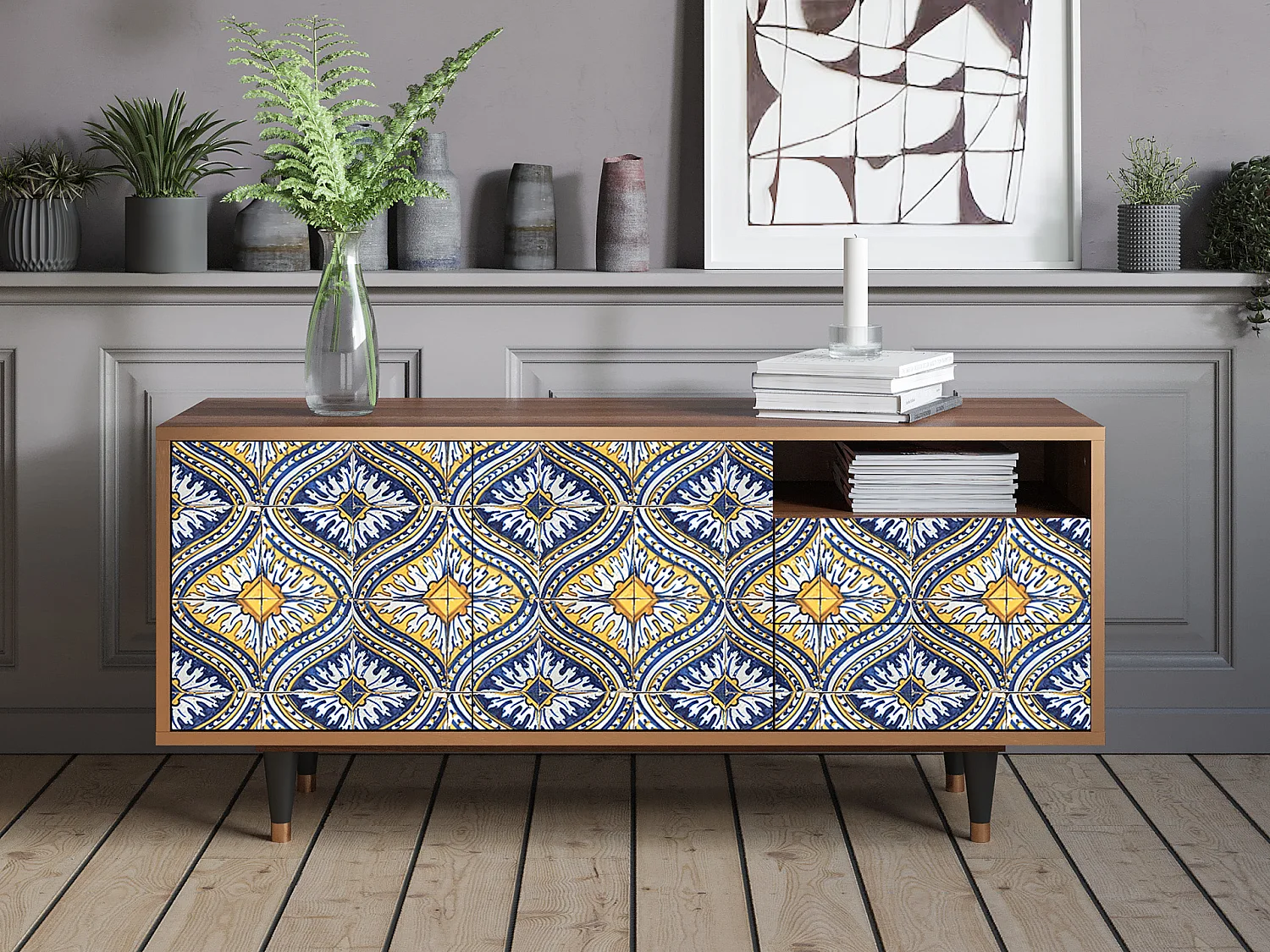 Mueble de TV - 125х56х41 cm - T7 - Illusory Pattern, Nogal