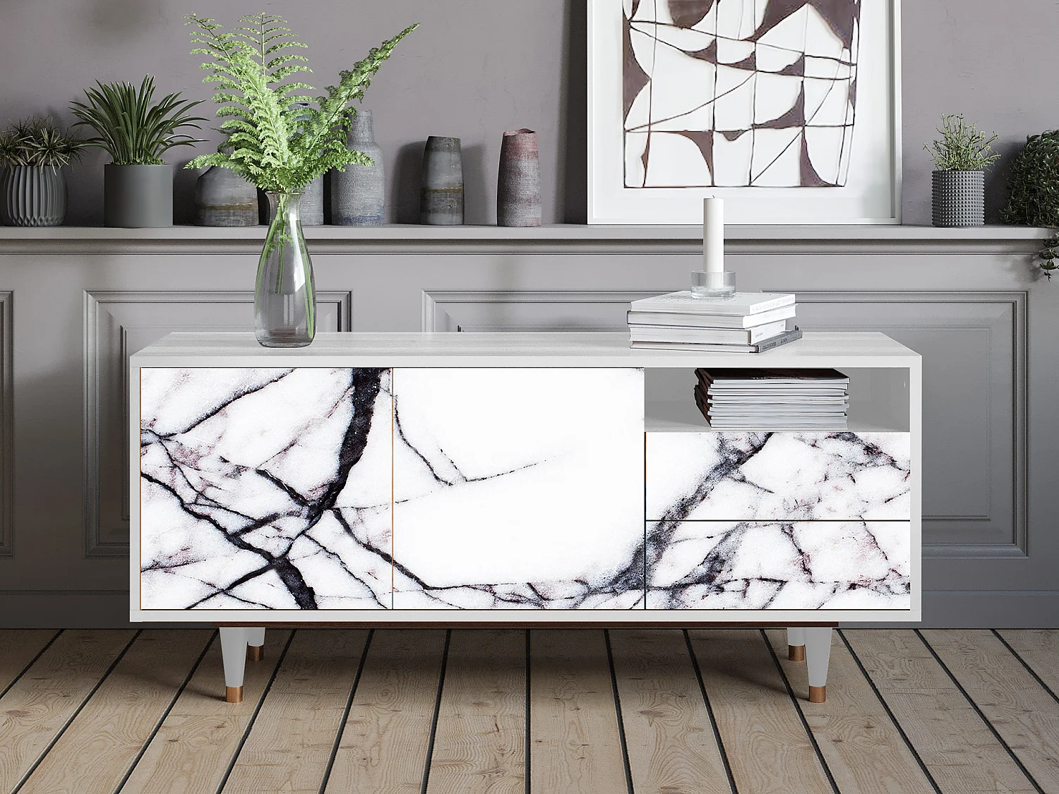Mobile TV - 125х56х41 cm - T7 - Raven Marble, Bianco