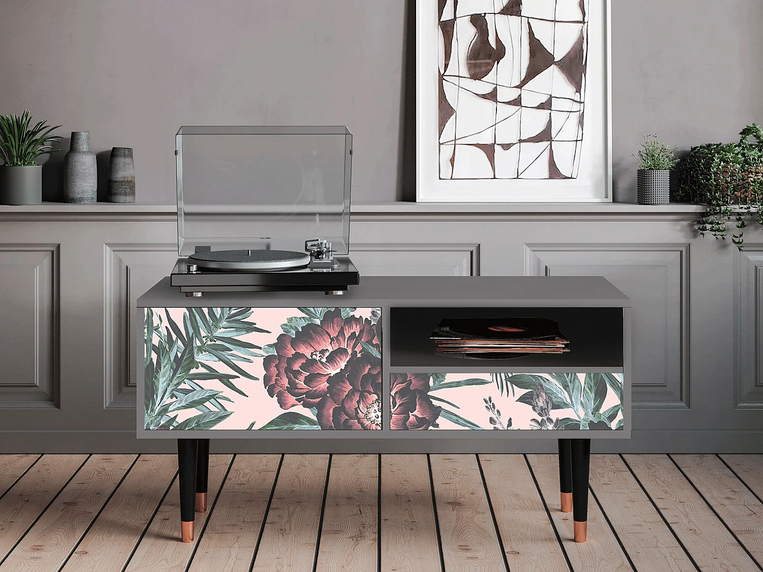 Mueble de TV - 115х59х48 cm - T3 - Peach Peonies, Gris