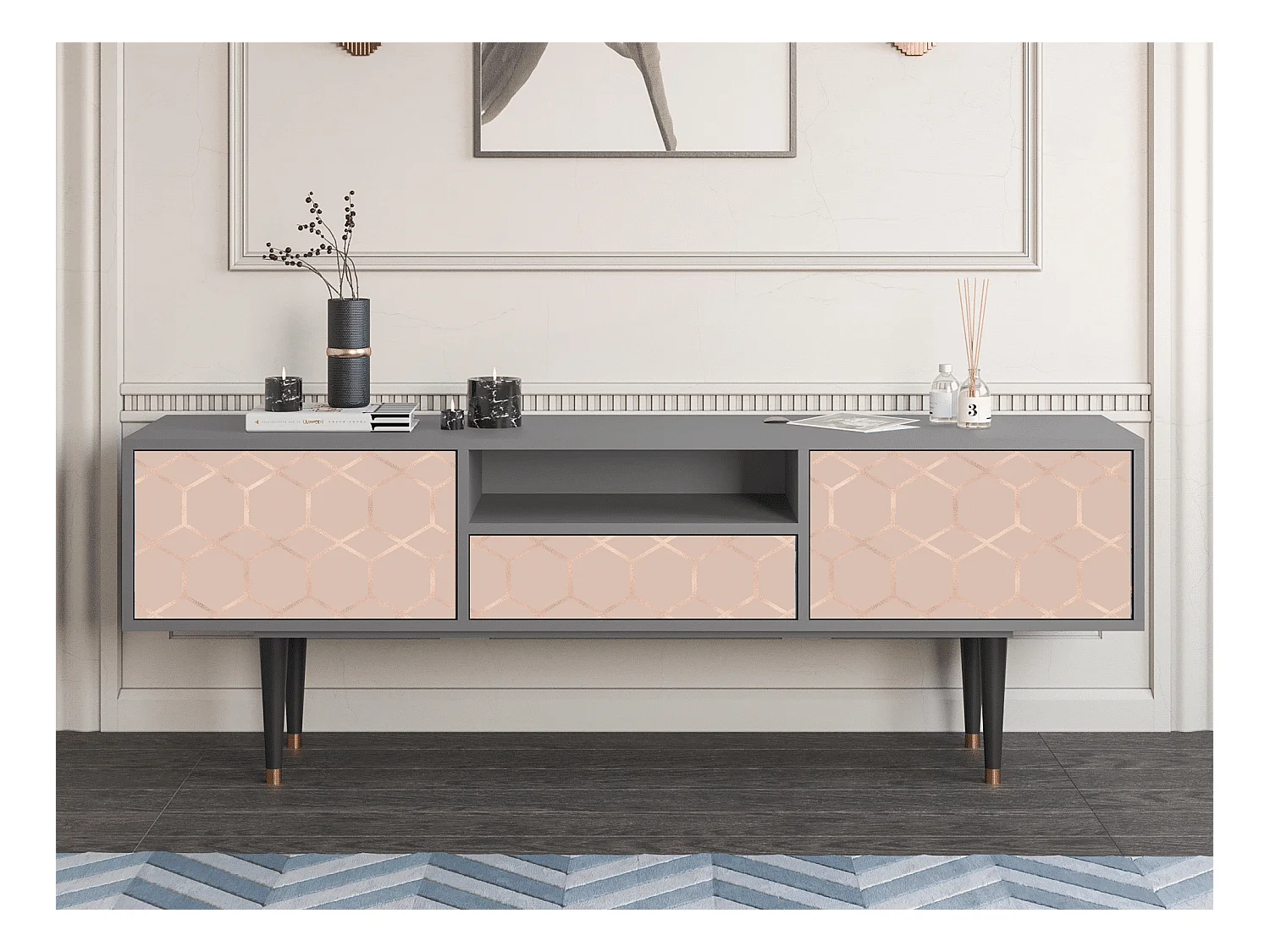 Meuble TV - 170х59х41 cm - T6 - Rose Honeycomb, Gris