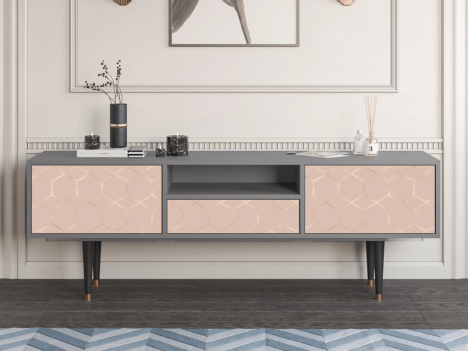 Mueble de TV - 170х59х41 cm - T6 - Rose Honeycomb, Cinza