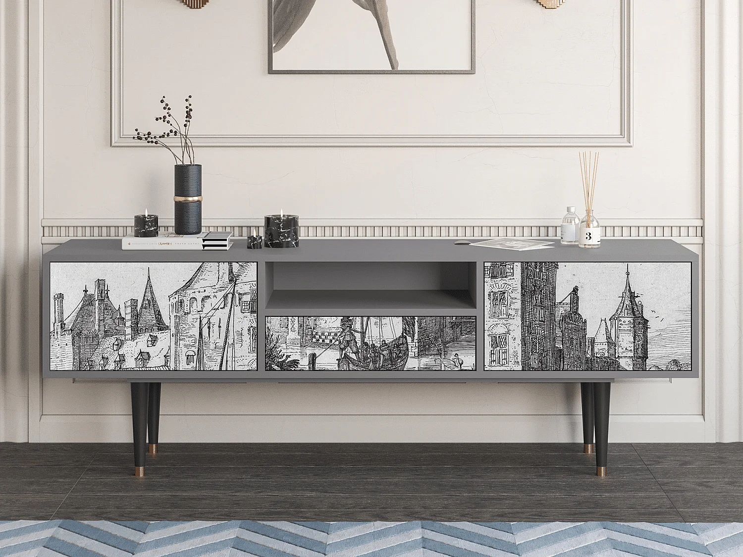 Meuble TV - 170х59х41 cm - T6 - Castle with Bridge, Gris